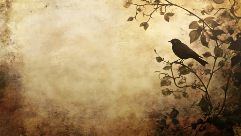 Solitary bird silhouette rests on vine against textured dusk