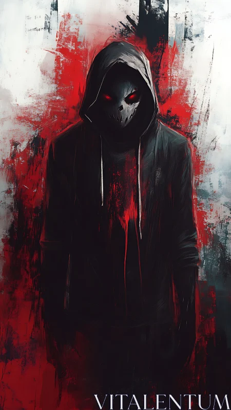 Hooded masked figure with red eyes on abstract red field.