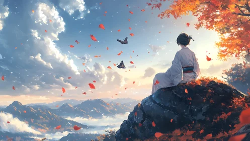 Figure on rocky cliff under autumn sky with distant mountains.