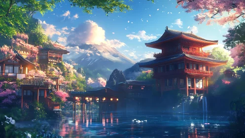 Cherry blossom pagodas dreaming beneath a blue volcano sky.