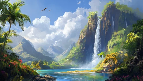 Tropical Landscape with Cascading Waterfall and Mountain Valley