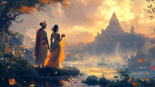 Mythic lovers overlook sunlit temple across radiant river.