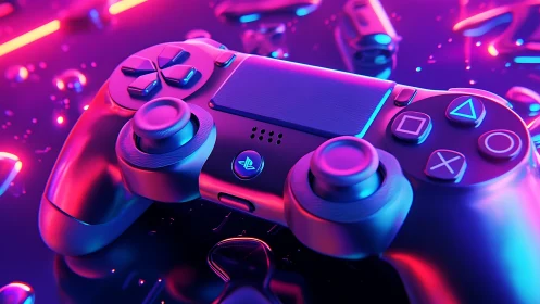 Neon lit gaming controller in vibrant cyberpunk colors.