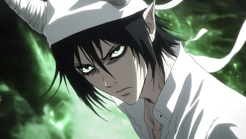 Horned anime warrior with emerald eyes in spectral glow.
