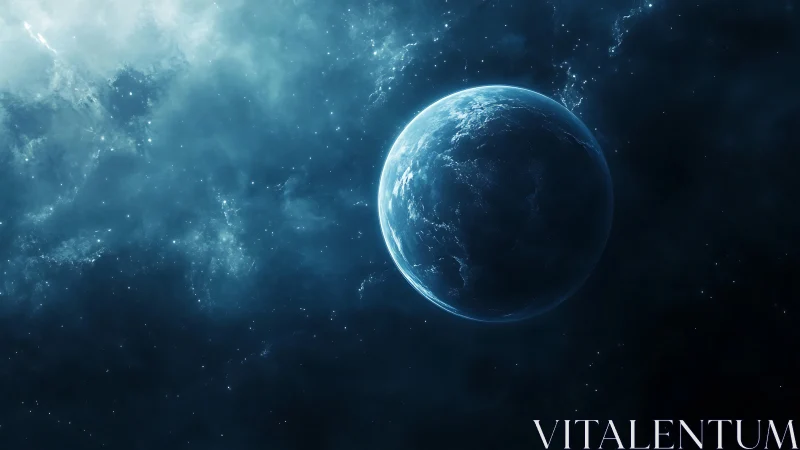 Blue exoplanet drifting through luminous cosmic nebula.