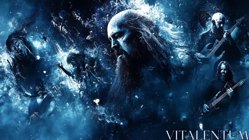 Moody cosmic metal band drifting through electric blue night.