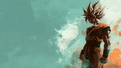 Saiyan warrior silhouette over teal splatter background.