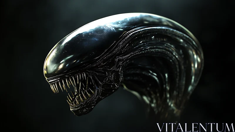 Sleek biomechanical alien head rendered in glossy 3D profile.