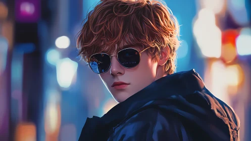 Stylized young man in sunglasses under neon city lights.