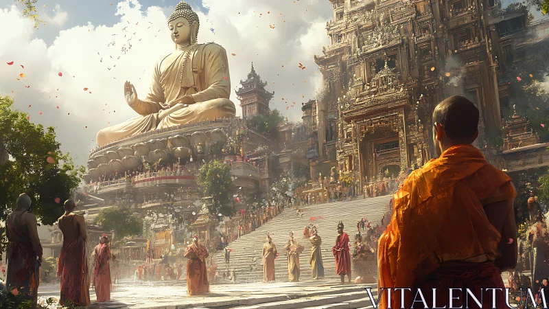 Golden mountain Buddha sanctuary with ascending monks procession.