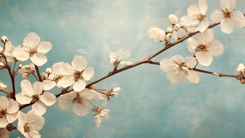 Cherry blossom branch against textured blue background, vintage style.