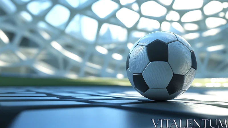 Sunlit soccer ball dreaming on a futuristic stadium floor.