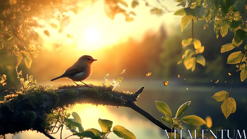 Tranquil robin on mossy branch at sunrise in soft, dreamy style.