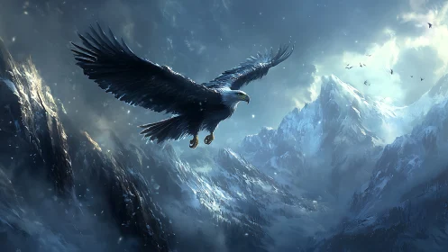Majestic Eagle Soaring Over Snowy Mountains in Fantasy Art.