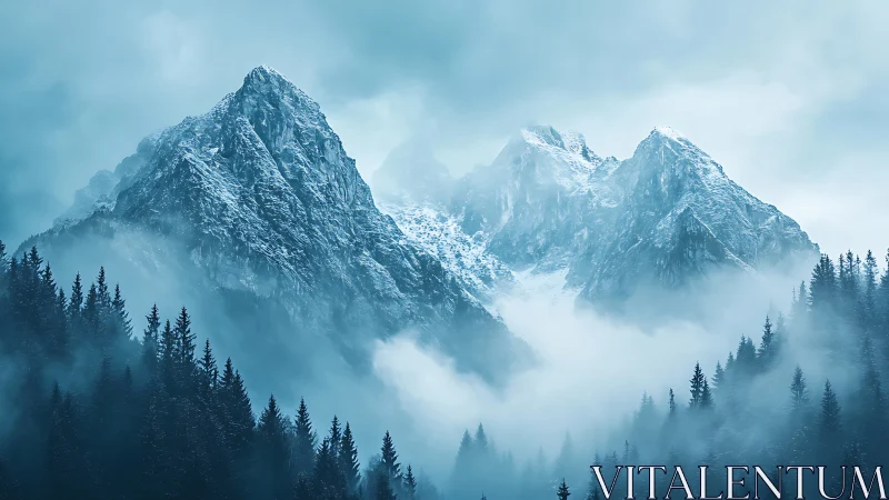Snowy mountain peaks rise above dense misty evergreen forest