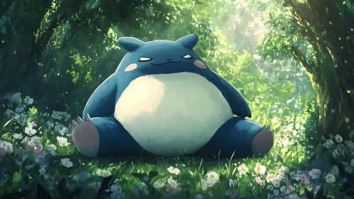 Blue creature resting in dense sunlit forest clearing.