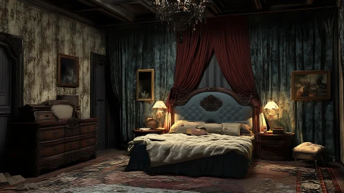Digital painting of a dimly lit vintage baroque bedroom interior.