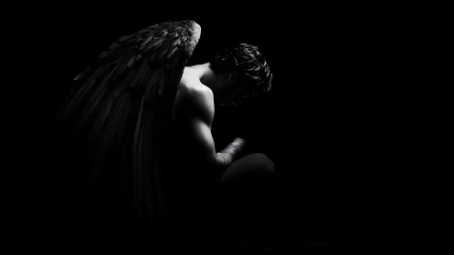 Fallen winged guardian curled in moonlit shadowed silence.