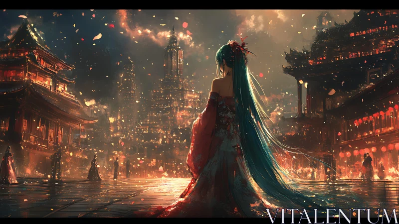 Woman in red kimono overlooks luminous night festival city