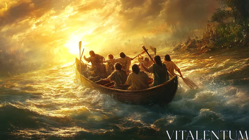 Sun-struck voyagers rowing into a blazing river dawn.