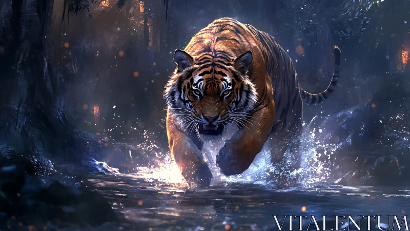 Roaring tiger charges through moonlit jungle waterway.