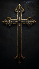 Gilded ornamental cross on textured dark stone background.