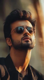 Man with sunglasses looks upward in warm directional light