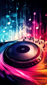 Neon DJ turntable with swirling bicolor audio light trails.