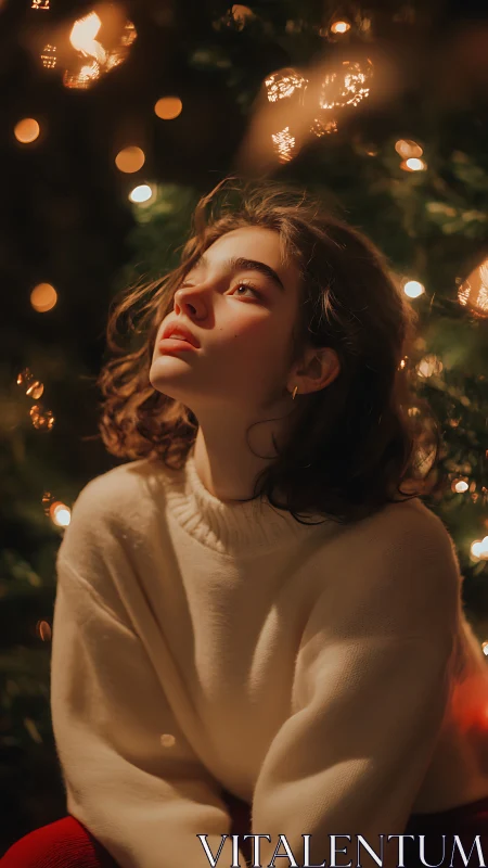 Warm bokeh portrait captures contemplative gaze in festive light