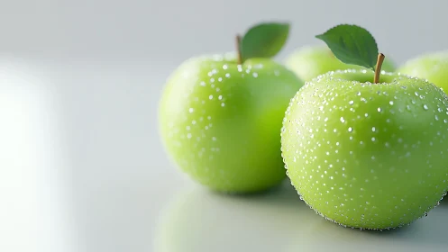 Close-up view of green apples with water droplets on peel.