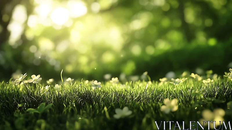 Sunlit grass with small white flowers in soft green bokeh field