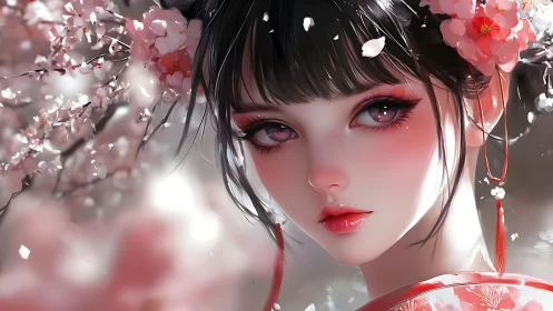 Cherry blossom maiden gazes softly through drifting petals