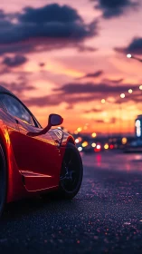 Red sports car at dusk on wet city street scene.