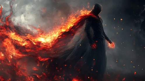 Digital painting of hooded fire entity with flowing ember cloak.