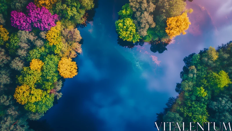 Overhead view shows colorful shoreline trees around blue lake