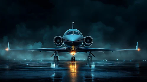 Symmetric frontal view of twinjet business aircraft at night