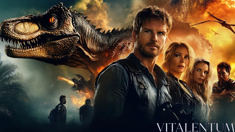 Cinematic photorealistic poster with dinosaur and hero ensemble.