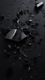 Glimmering black shards rest quietly across a dark surface