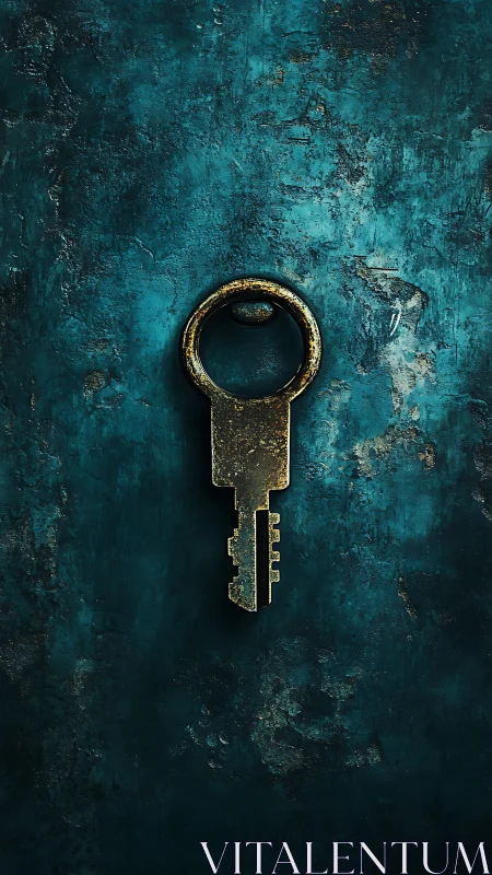 Vertical composition displays a worn metallic key on teal wall