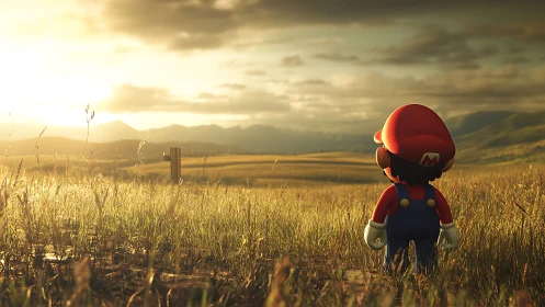 Plumber hero pauses at a sunlit meadow crossroads of wonder.