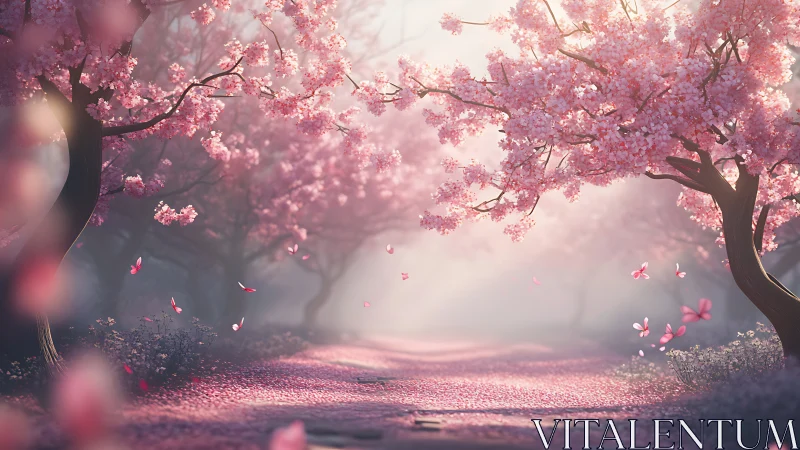 Cherry blossom lane with soft mist and drifting petals.