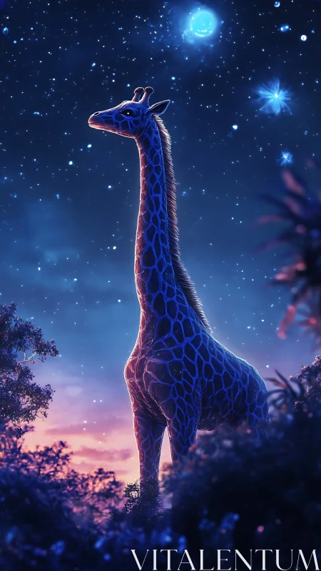 Giraffe stands under starry night sky with glowing blue light