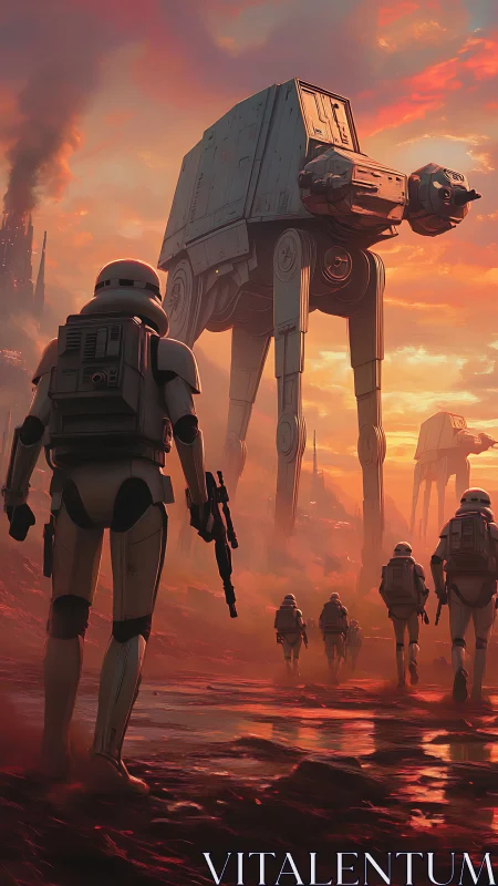 Stormtroopers advance under mechanized walkers in volcanic dusk