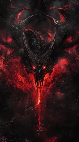 Demonic fire dragon head in infernal red abyssic void.