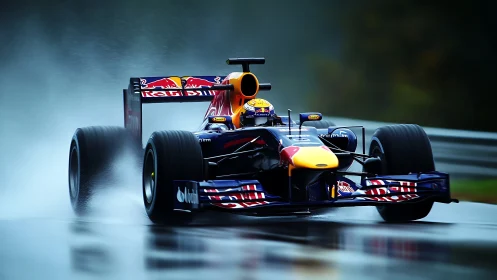 Formula 1 car powers through rain-soaked circuit at speed.