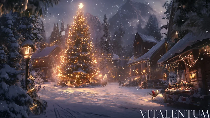 Snow-covered village square with illuminated holiday tree.