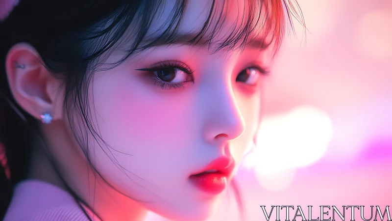 Neon-lit close-up portrait in soft focus digital painting.