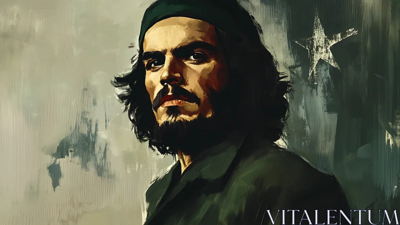 Bearded figure in military attire before abstract star flag.