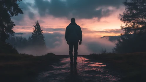 Backlit hiker silhouette on misty forest trail at sunrise
