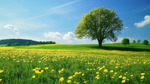 Solitary deciduous tree on yellow wildflower meadow under sky.